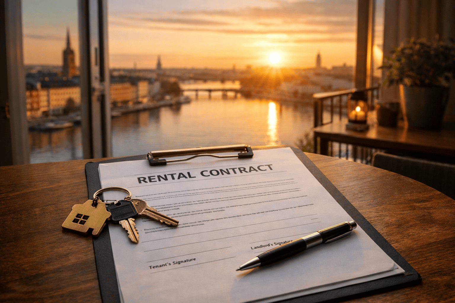 Rental contract on clipboard with house-shaped keychain, keys, and pen on wooden table by window showing city and water at sunset