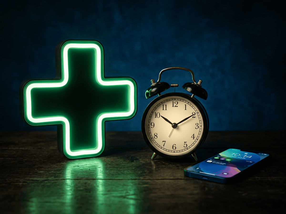 Glowing green medical cross, vintage alarm clock showing 10:10, and smartphone displaying time 10:14