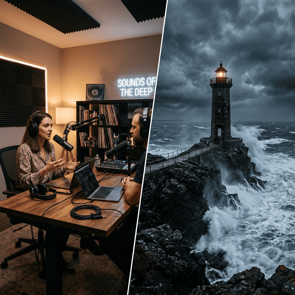 Two people wearing headphones talking into microphones at a podcast studio and a lighthouse on rocky coast during a storm
