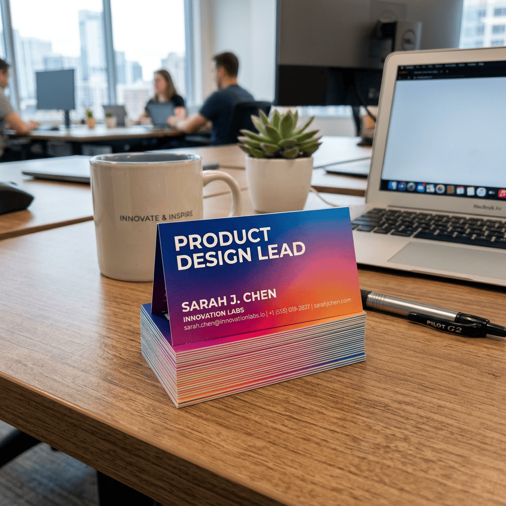 Stack of business cards for Product Design Lead Sarah J. Chen on a desk