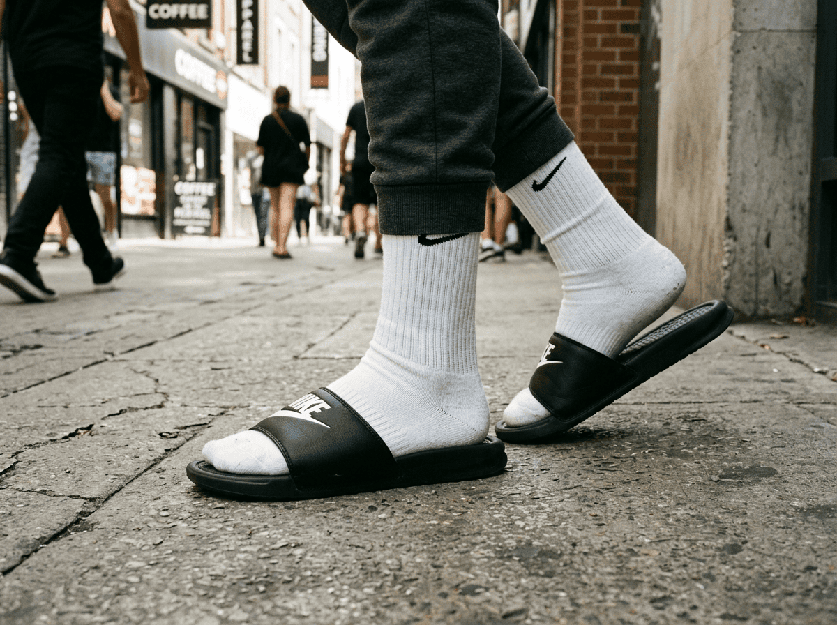Feet wearing white Nike socks and black Nike sliders on an outdoor paved street
