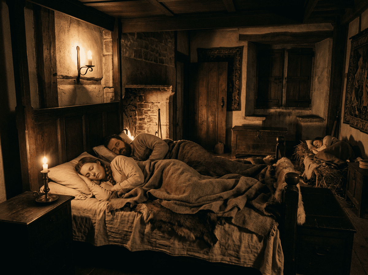 Three people sleeping in a rustic room lit by candles near a fireplace