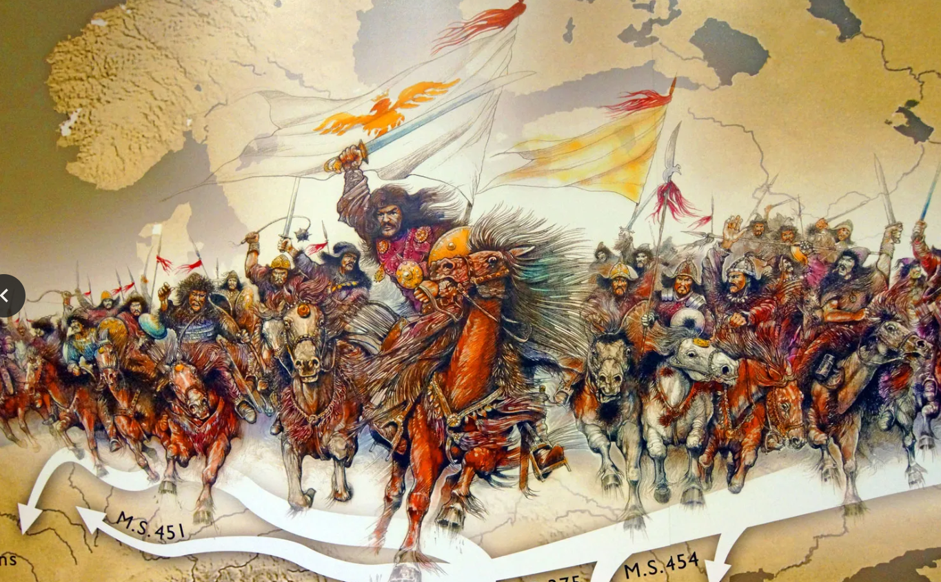 Artistic interpretation of Attila leading mounted Huns across Europe.