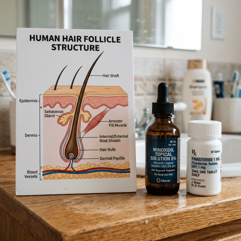 Hair follicle structure diagram beside minoxidil and finasteride treatments
