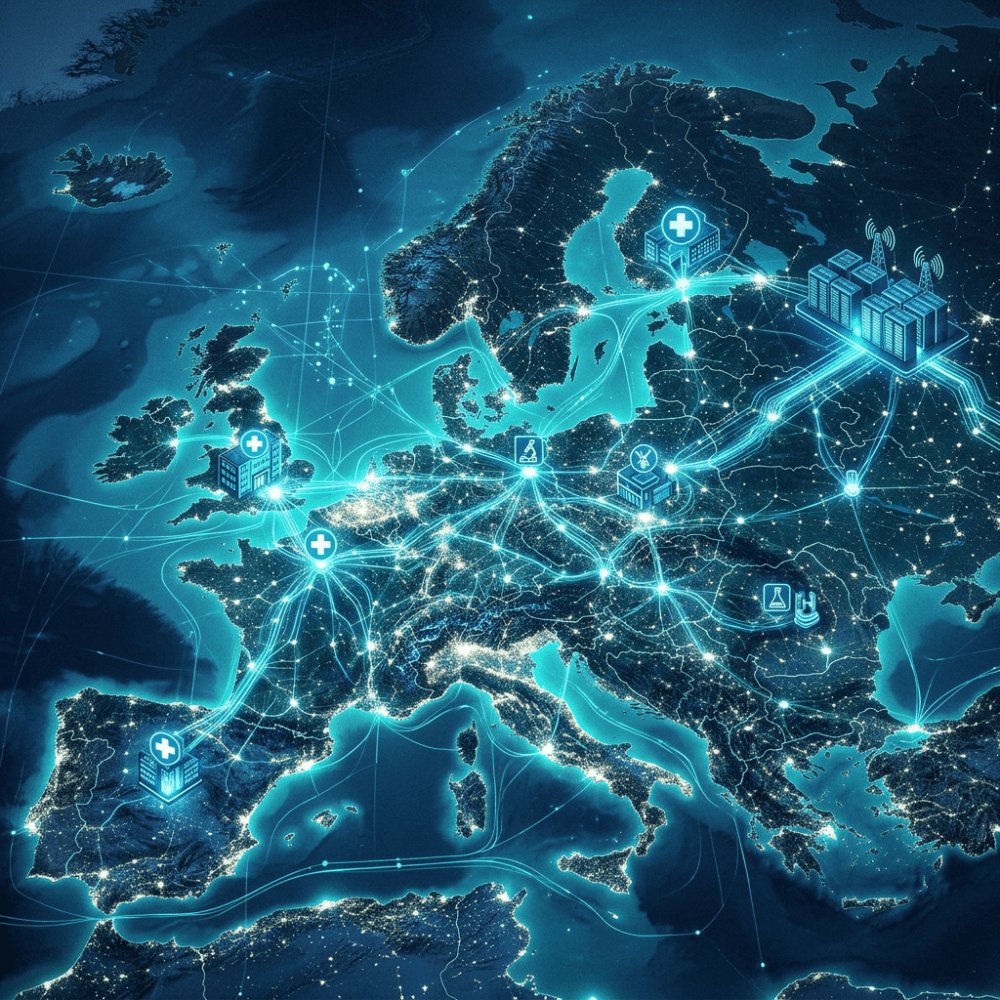 Digital map of Europe with glowing healthcare facilities and network connections
