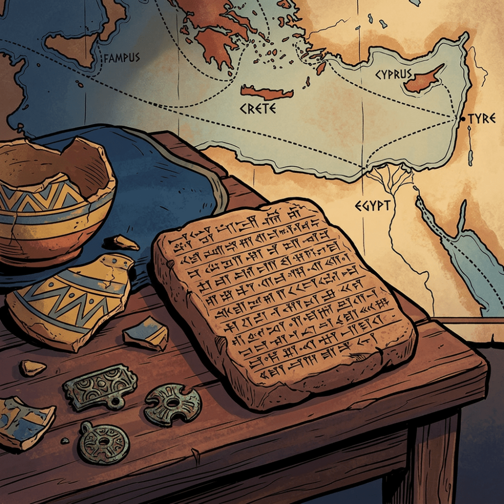 Ancient map labeled FAMPUS, CRETE, CYPRUS, TYRE, and EGYPT beside tablet