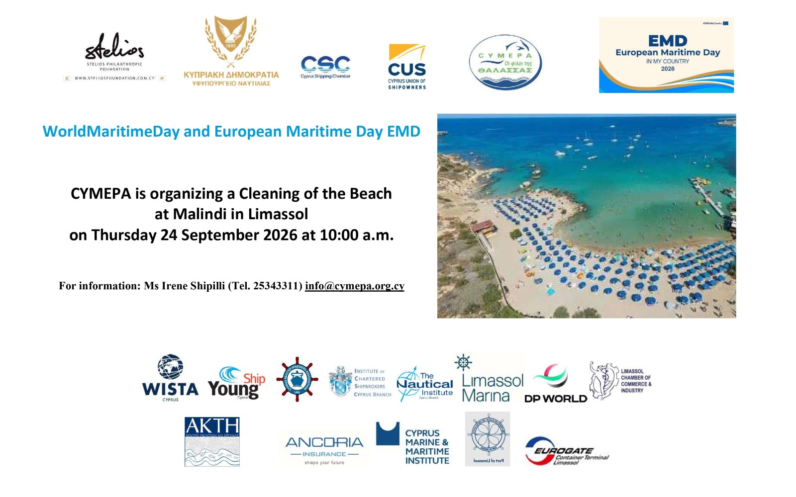 The Cyprus Marine Environment Protection Association (CYMEPA) is organising a beach clean-up at Malindi Beach in Limassol on Thursday, 24 September 2026, at 10:00 a.m.