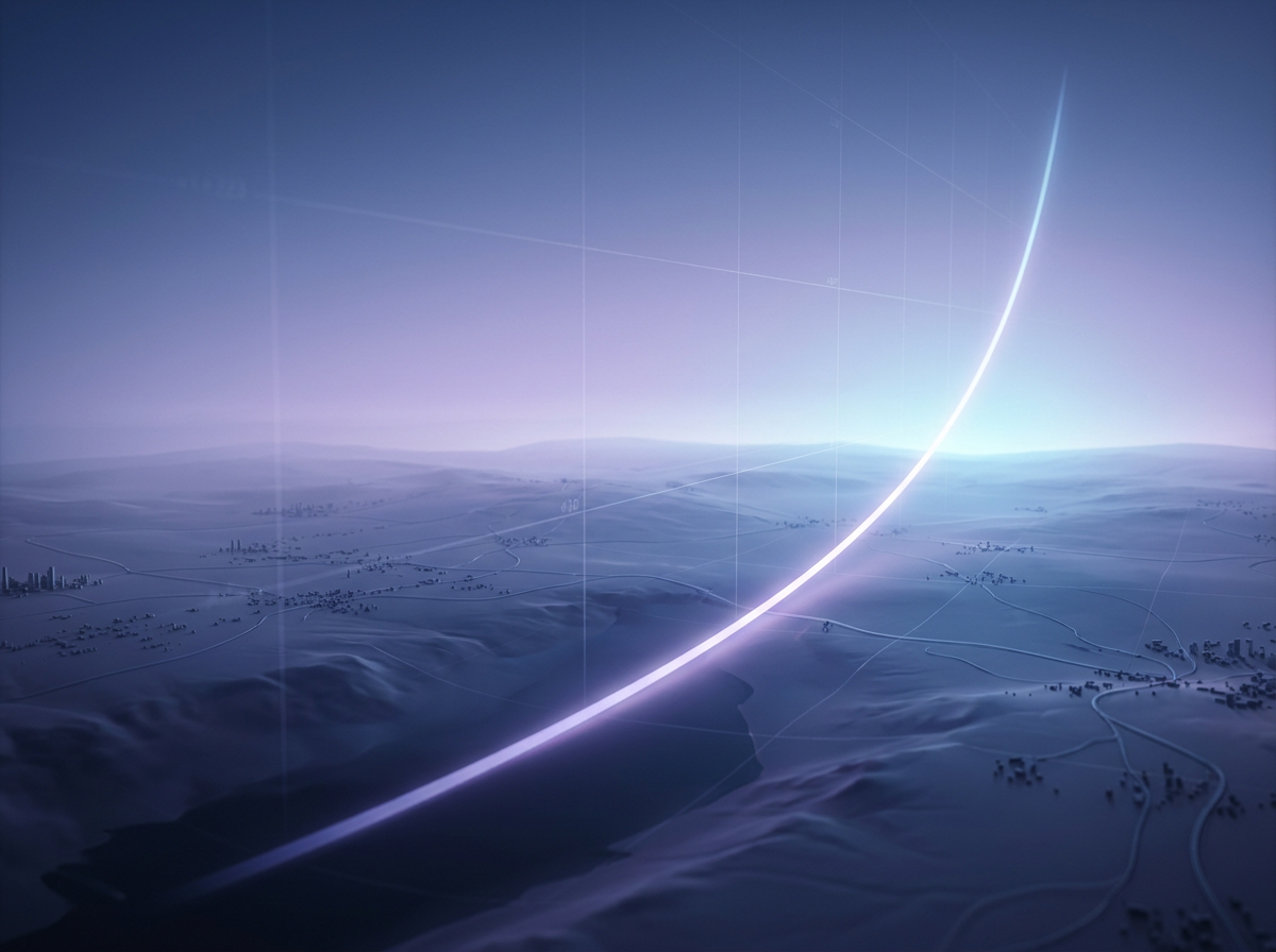 Glowing arc crossing a futuristic blue landscape with roads and settlements